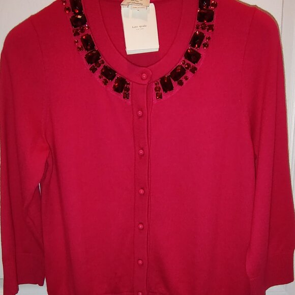 KATE SPADE 3/4 SLEEVE KNIT CARDIGAN SWEATER BEADED NECKLINE CHERRY RED SZ M - Picture 1 of 8